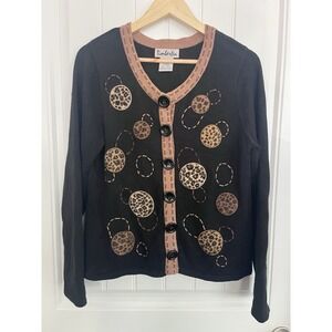 Vintage TImberLea Women's S Black Cardigan Embroidered Cheetah Sweater 591